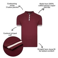 Bigdude Contrast Stripe Placket With Tipped Cuff Polo Shirt Burgundy -Urban Fit Shop 13cf704e bd21p1420red