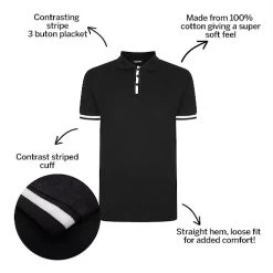 Bigdude Contrast Stripe Placket With Tipped Cuff Polo Shirt Black -Urban Fit Shop 5c334730 bd21p1420black