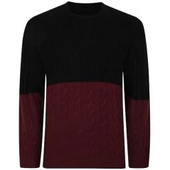 Bigdude Cable Knit Colour Block Jumper Burgundy/Black