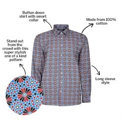 Bigdude Retro Flower Print Long Sleeve Poplin Shirt Blue/Red -Urban Fit Shop a518b791 bd23ls14
