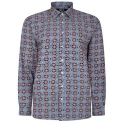 Bigdude Retro Flower Print Long Sleeve Poplin Shirt Blue/Red