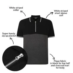 Bigdude Colour Block Zipped Polo Shirt Black/Charcoal Tall -Urban Fit Shop d0caeb89 bd23p1620black