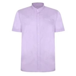 Bigdude Woven Linen Grandad Collar Short Sleeve Shirt Purple