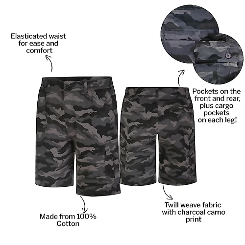 Bigdude Elasticated Waist Cargo Camo Shorts Charcoal 4 Bigdude Elasticated Waist Cargo Camo Shorts Charcoal - Image 2